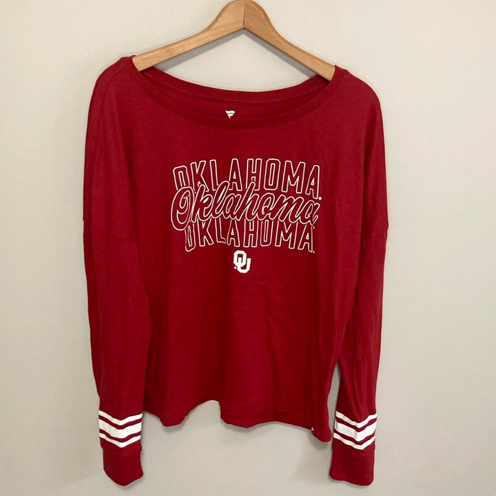 Women’s OU Oklahoma Long sleeve tee, Fanatics, extra large XL, red and white